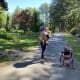 A woman, holding a baby, walks through a sunny tree-lined park alongside a toddler with cerebral palsy who is using a walker.