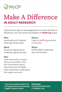 A 4x6 postcard that provides basic recruitment information for the CPRN Adult Study of Wellbeing and Pain on MyCP