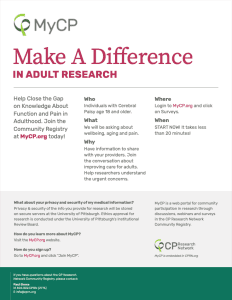 A full page flyer that provides basic recruitment information for the CPRN Adult Study of Wellbeing and Pain on MyCP