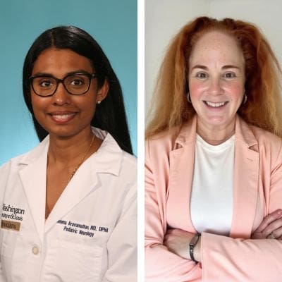 Featured speakers -- one with long black hair in a white lab coat and the other with long red hair in a pale pink blazer