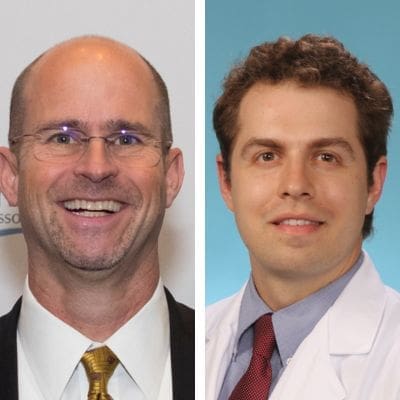 Headshots of Paul Gross wearing a suit and rimless glasses and Dr. Zachary Vesoulis in a white lab coat