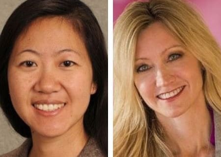 Dr. Pierce with long black hair behind her shoulders and Dr. Oleszek with blonde hair over her shoulders