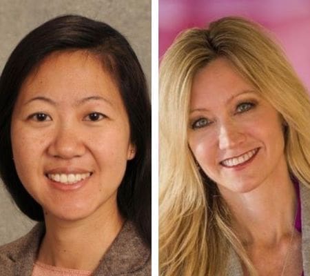 Dr. Pierce with long black hair behind her shoulders and Dr. Oleszek with blonde hair over her shoulders