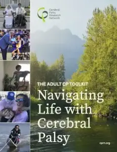 The Adult CP Toolkit cover features a river with a mountain backdrop and photos of adults with CP on the left side.