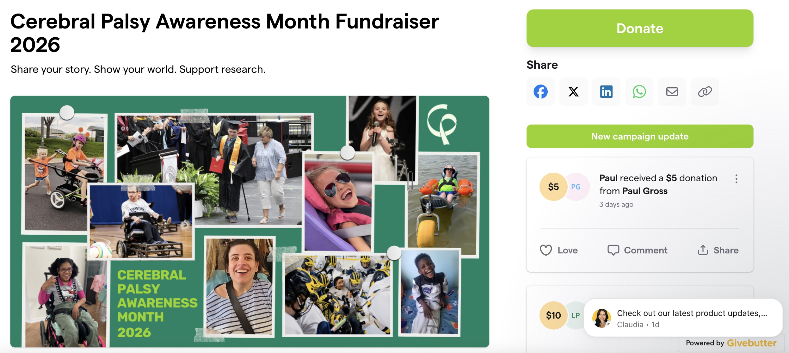 Screenshot of our CP Awareness Month Fundraiser page