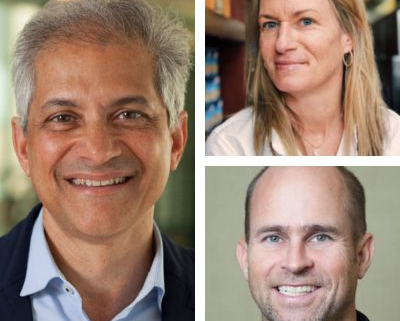 Headshots of a bearded Unni Narayanan, blonde haired Connie Liebow and smiling Paul Gross