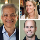 Headshots of a bearded Unni Narayanan, blonde haired Connie Liebow and smiling Paul Gross