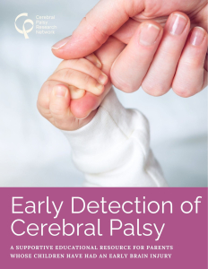 An early detection of CP cover with a preemie babies hand wrapped around an adult finger
